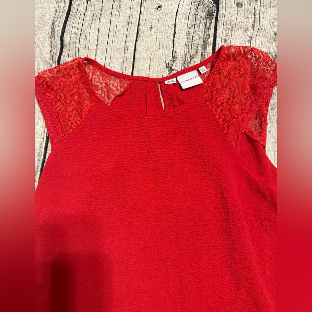 Short cap sleeve size 16. Like new condition.Gorgeous poppy red. Lace on sleeves